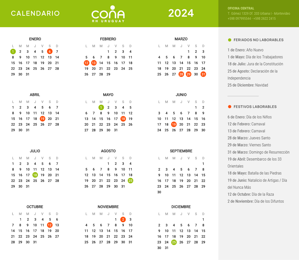 Calendario Feriados 2024 CONA RH Uruguay